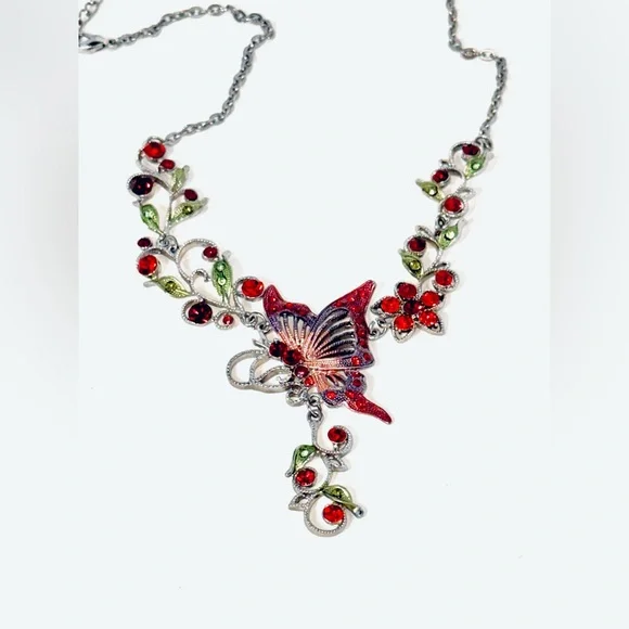 Vintage Silver Tone Red & Pink Butterfly 🦋 Necklace W/Rhinestone Accents 19” - Picture 3 of 5